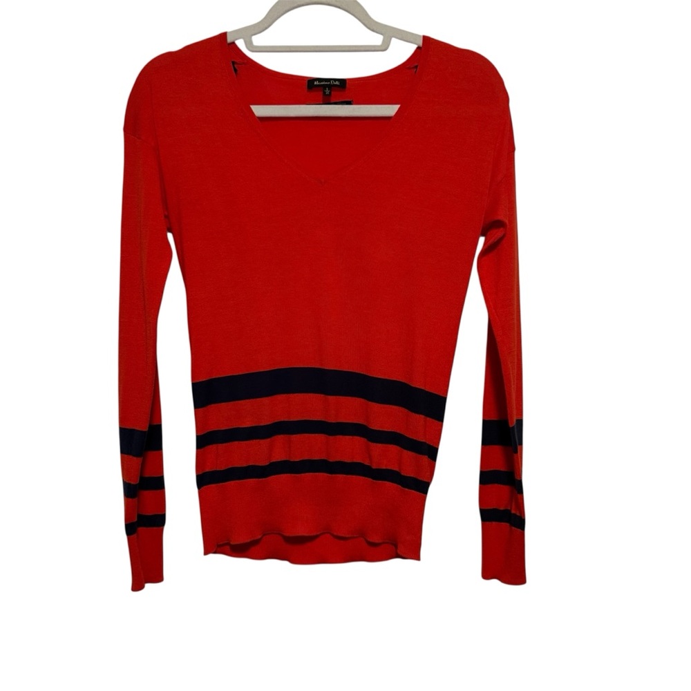Massimo Dutti 100% Extra Fine Cotton Red V-Neck Sweater with Navy Stripes Size S